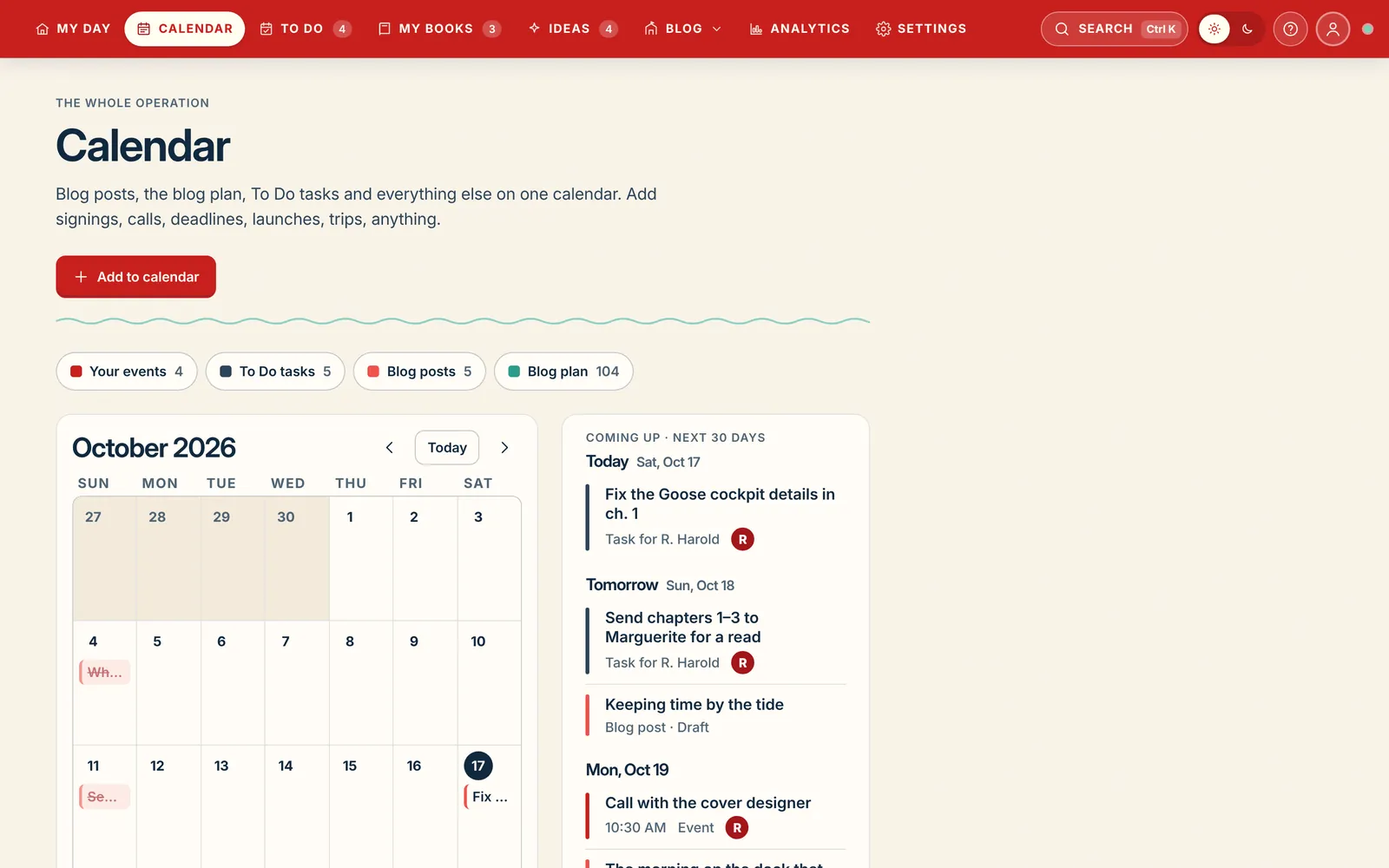 The Calendar showing events, To Do tasks, blog posts and the blog plan together on one month