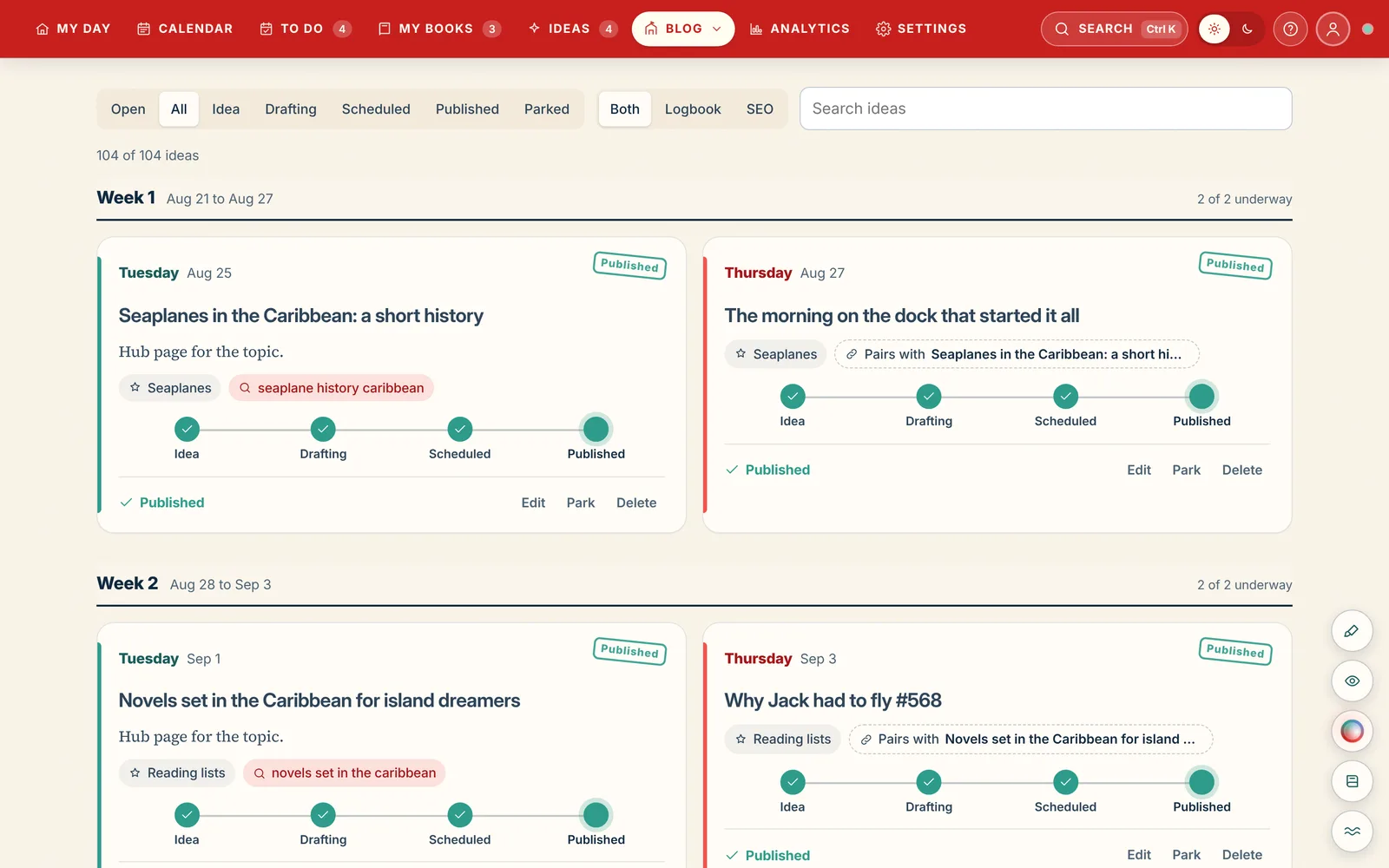 The log of ideas with search posts, keywords and Logbook entries
