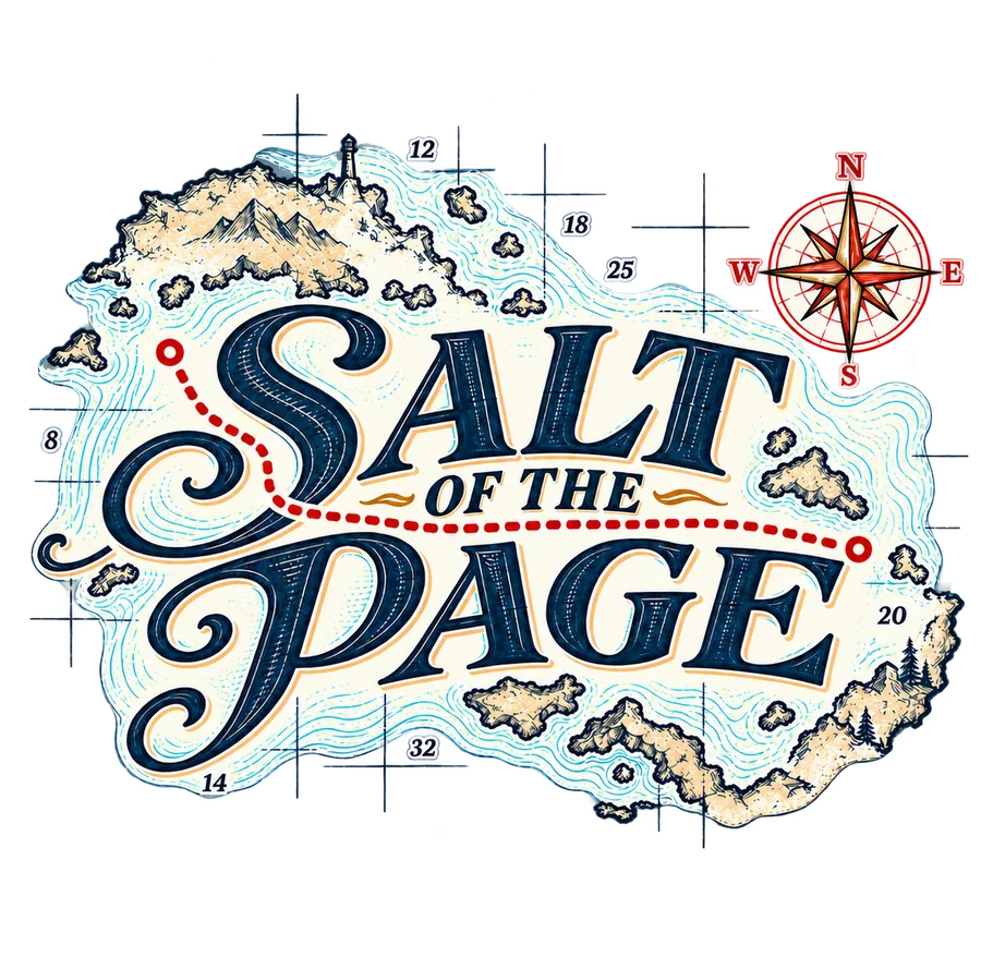 Salt of the Page logo: hand-lettered on an old sea chart with a compass rose