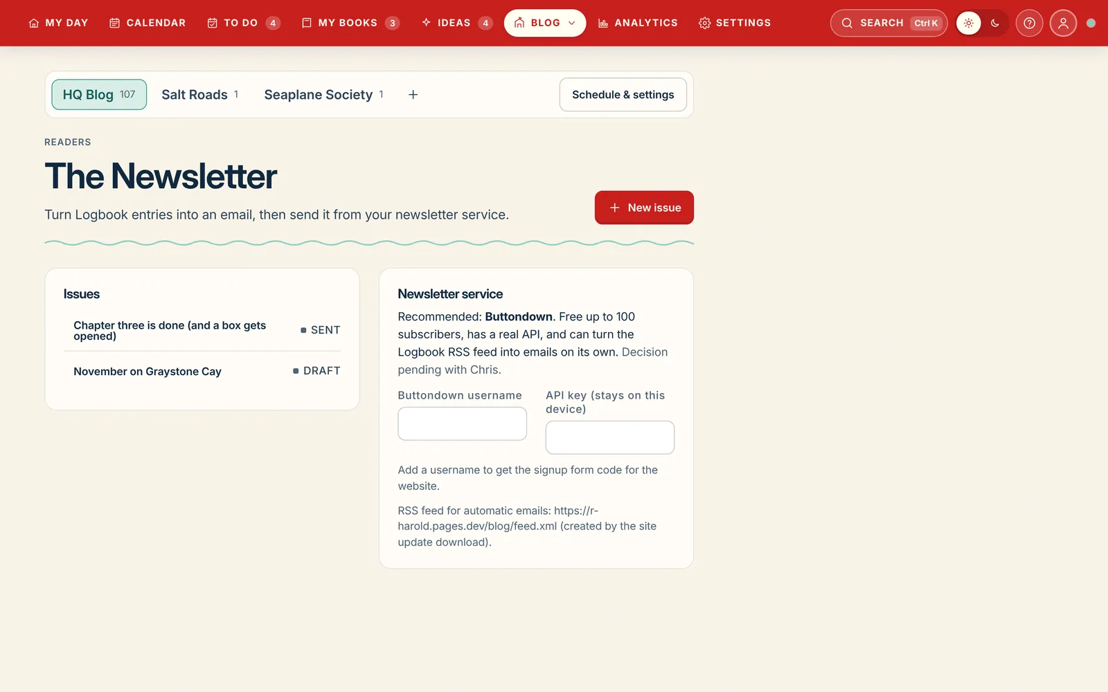 The Newsletter page with sent and draft issues and the newsletter service connection