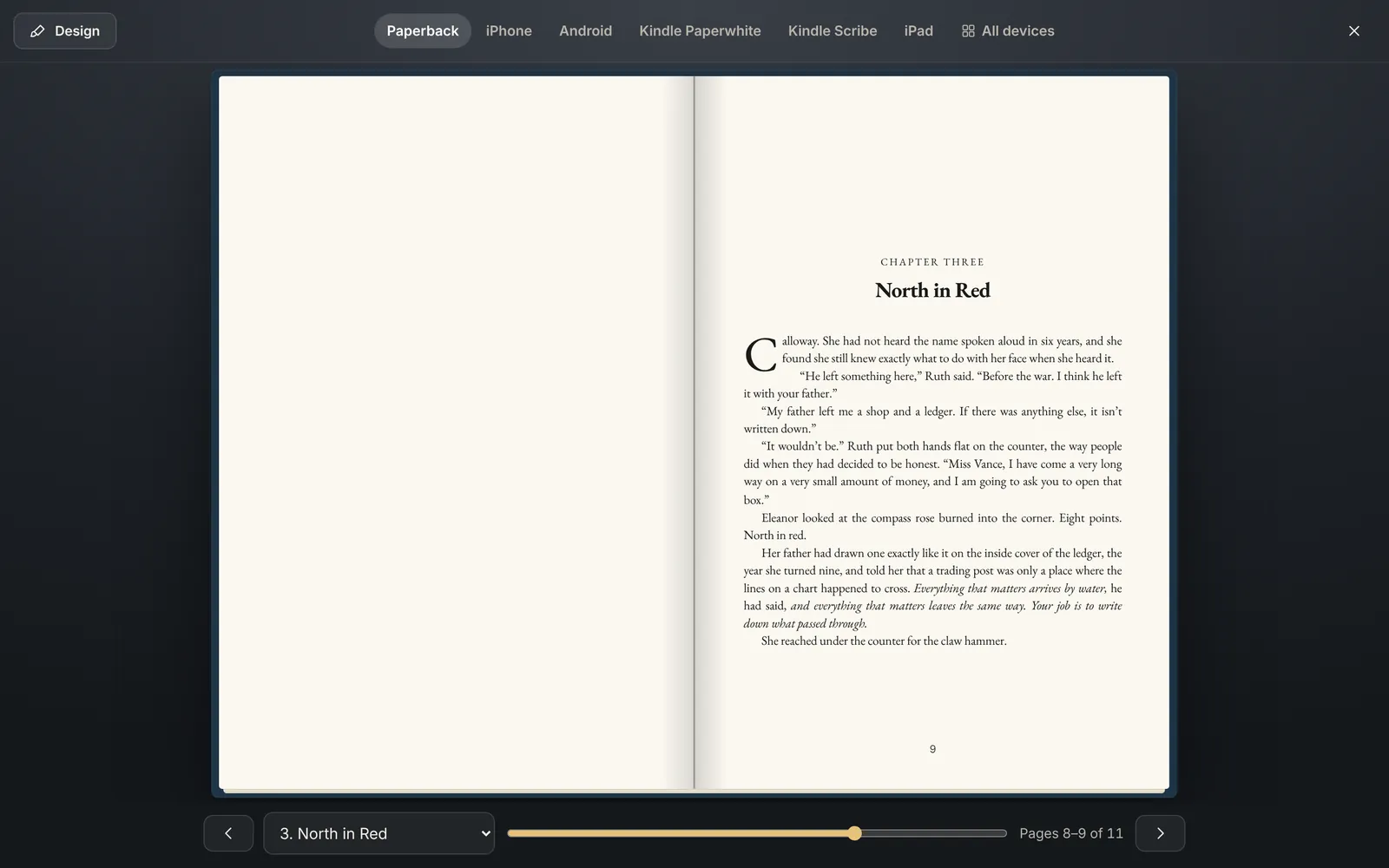 A paperback two-page spread of the chapter with a drop cap, running heads and page numbers