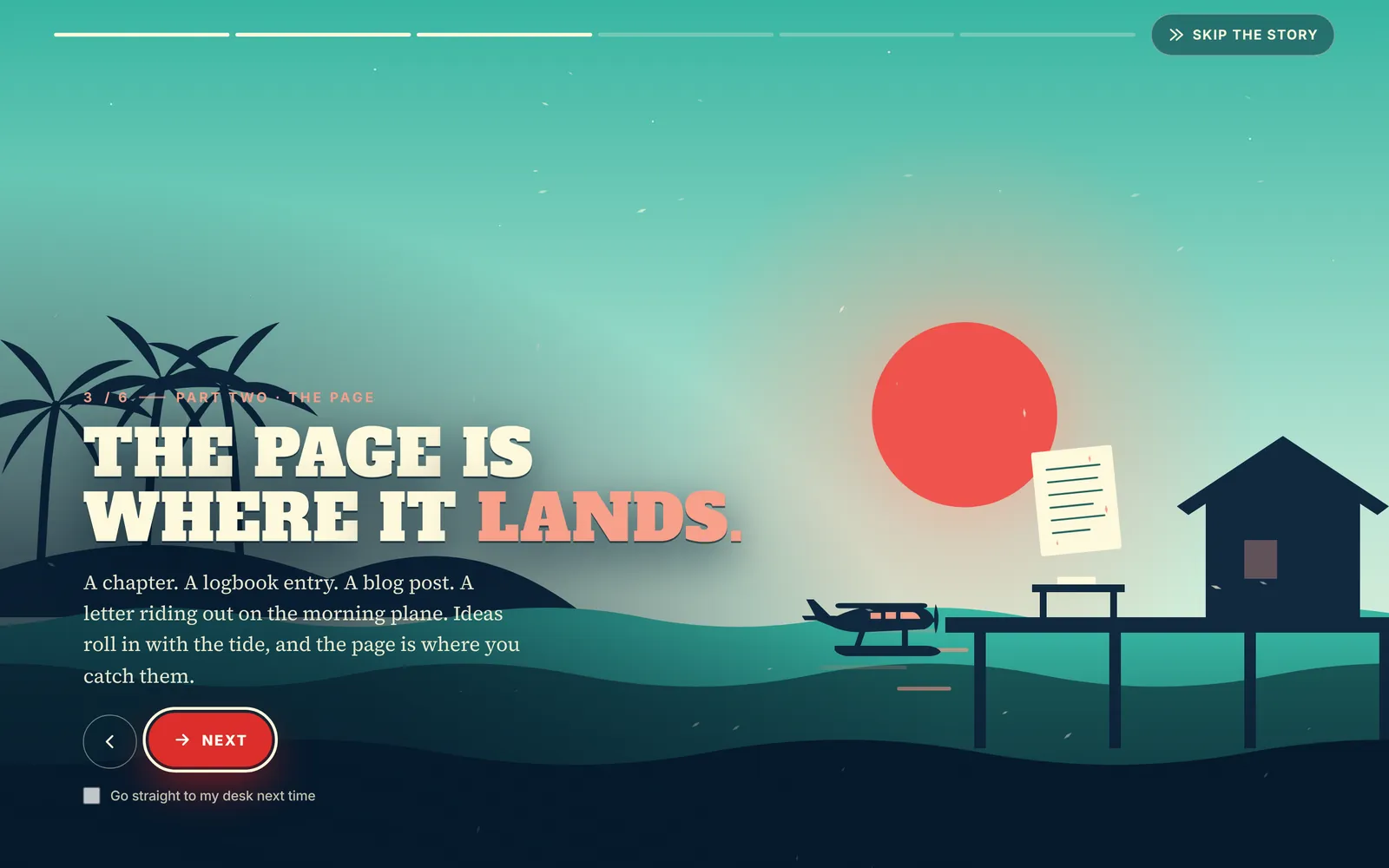 A scene from the launch story: a beach house at sunrise with the words The page is where it lands